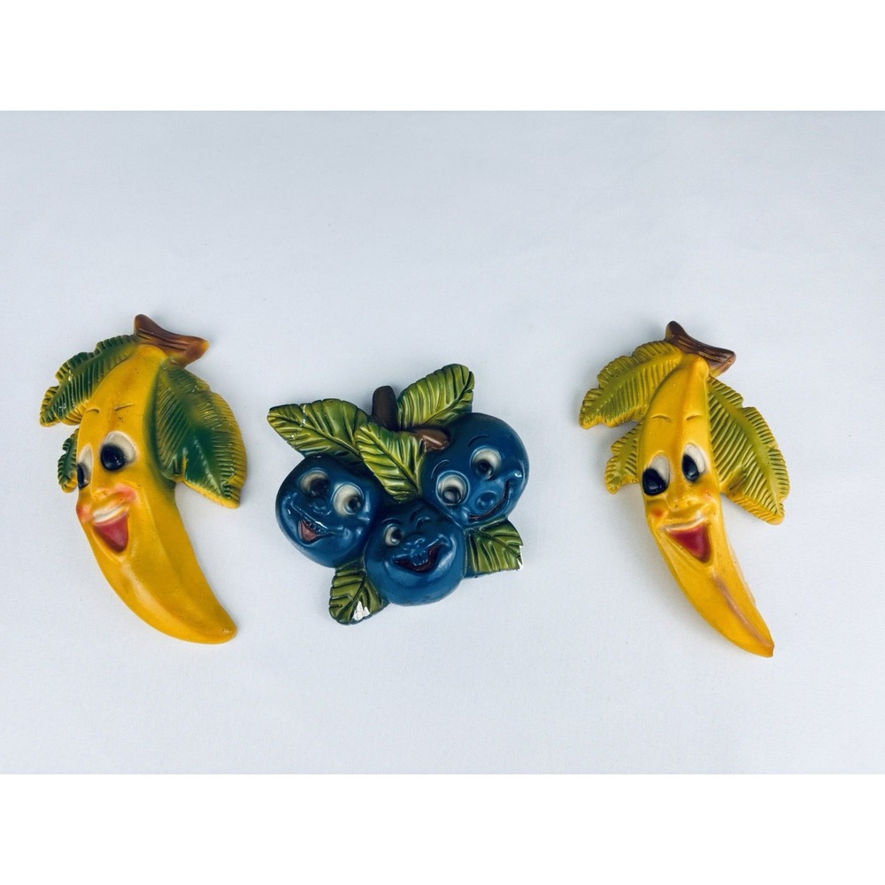 Vintage 70s Anthropomorphic Fruit Wall Plaques Fun Whimsy Decor Blueberry Banana
